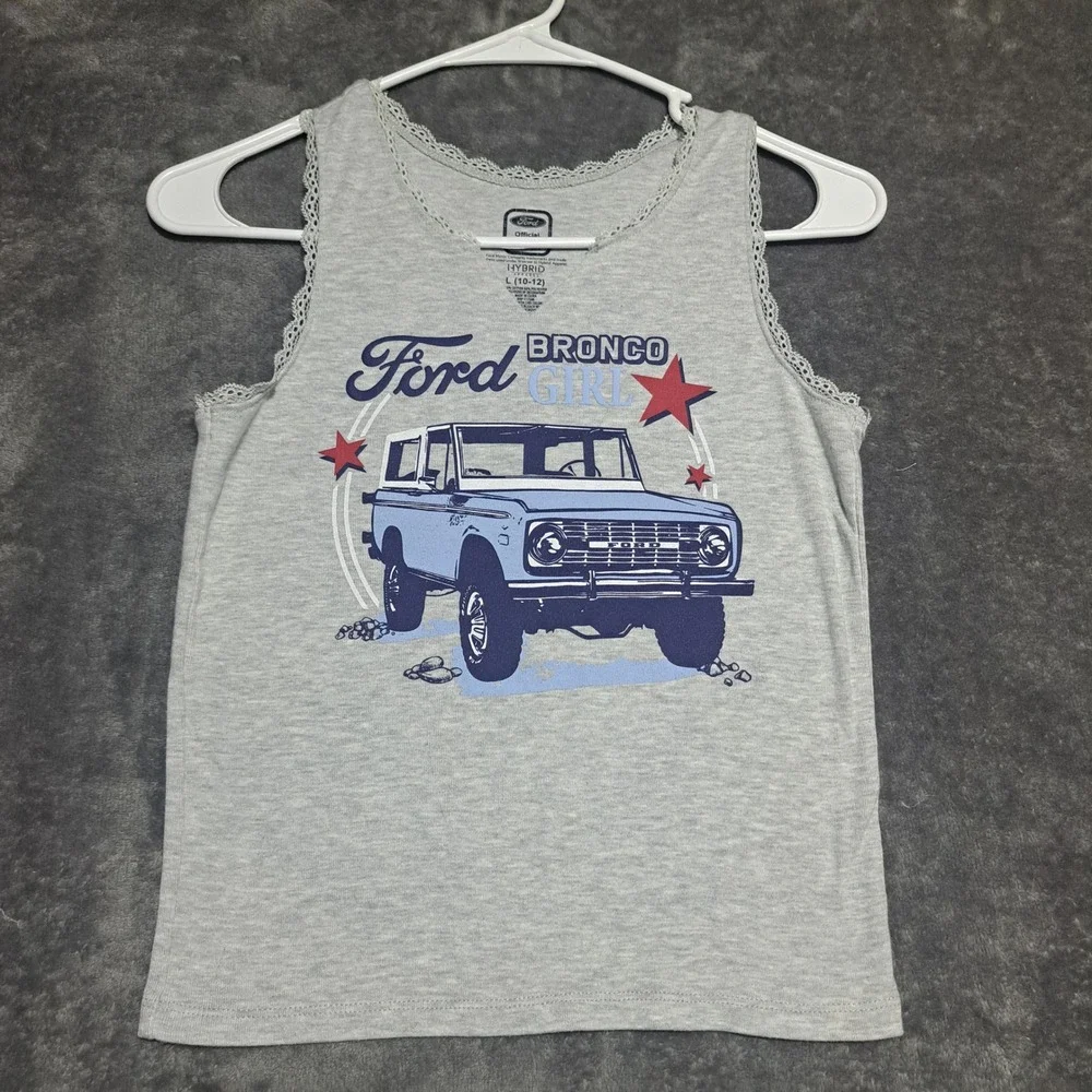 Ford Bronco Girls Hybrid Apparel Lace Trim Tank Top Gray Size L 10-12